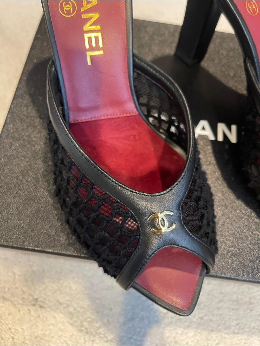 CHANEL COCO BEACH  Black Mesh Mules